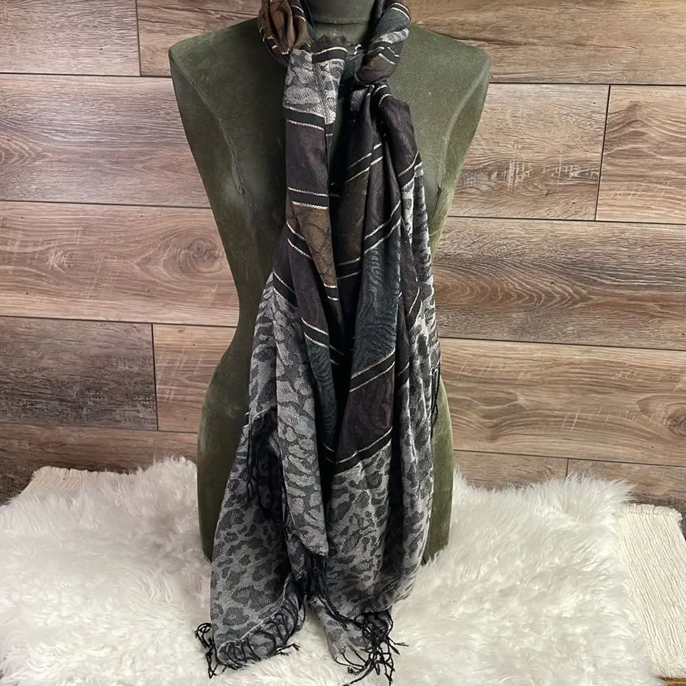 ACCESSORY STREET Ladies Scarf Wrap Black Brown Silver Threading Fringe Large